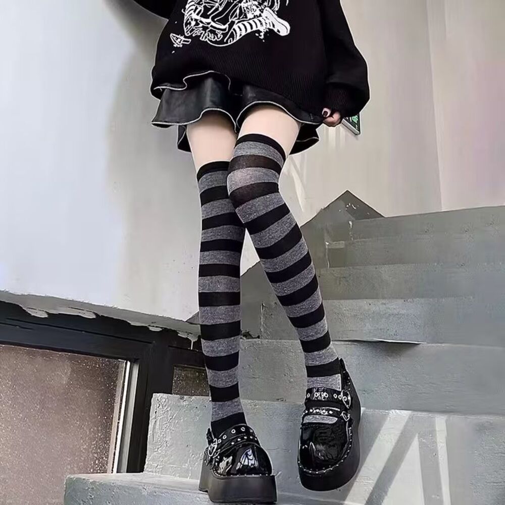 Over the Knee Striped Patterned Socks Light Gray and Black Women's Socks NEW